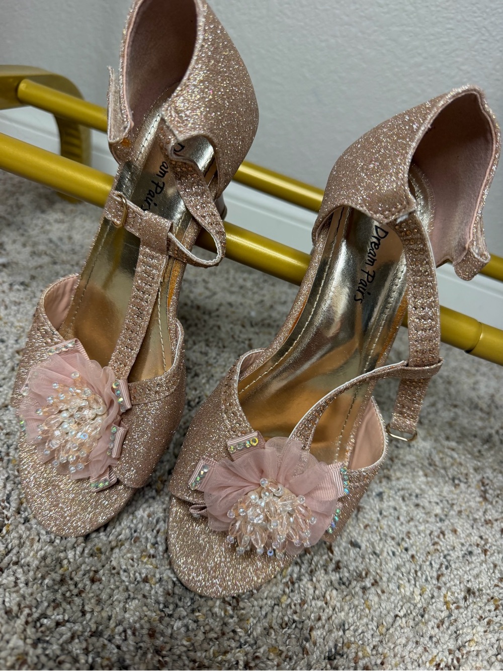 Dream Pairs Pink Glitter T-Strap Heels with Floral Bead Accent